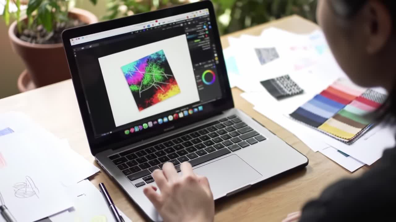 A Creative Journey: An Artist Engaged in Digital Art on a Laptop Surrounded by Colorful Samples and Artistic Materials in a Bright Workspace