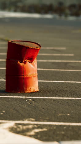 rusty red barrel in a parking lot