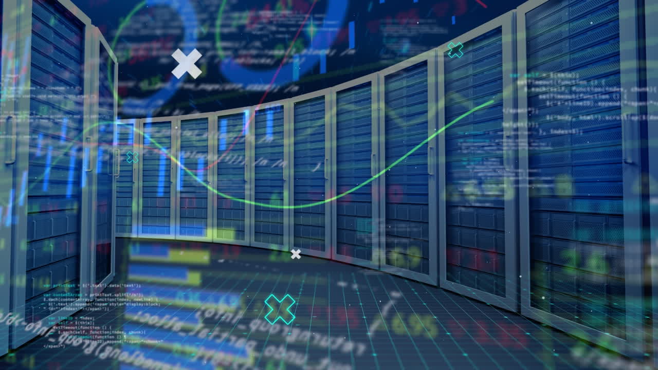 Animation of data processing and diagram over server room