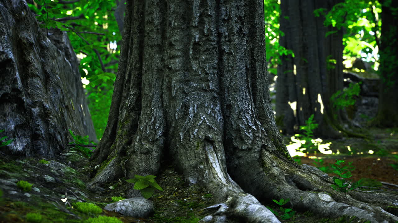 Gnarled roots of an ancient tree cradle the forest floor in dappled sunlight