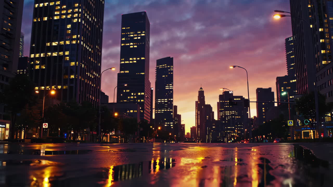 City Sunset at Dusk with Rain Reflections