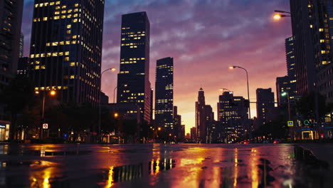 city sunset at dusk with rain reflections