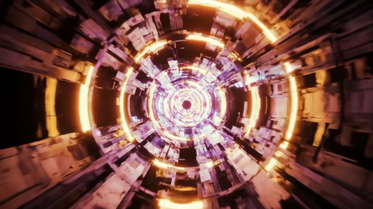 A Hypnotic Journey Through a Circular Neon-Illuminated Tunnel, Showcasing Vibrant Patterns of Light and Structure in an Abstract Futuristic Environment