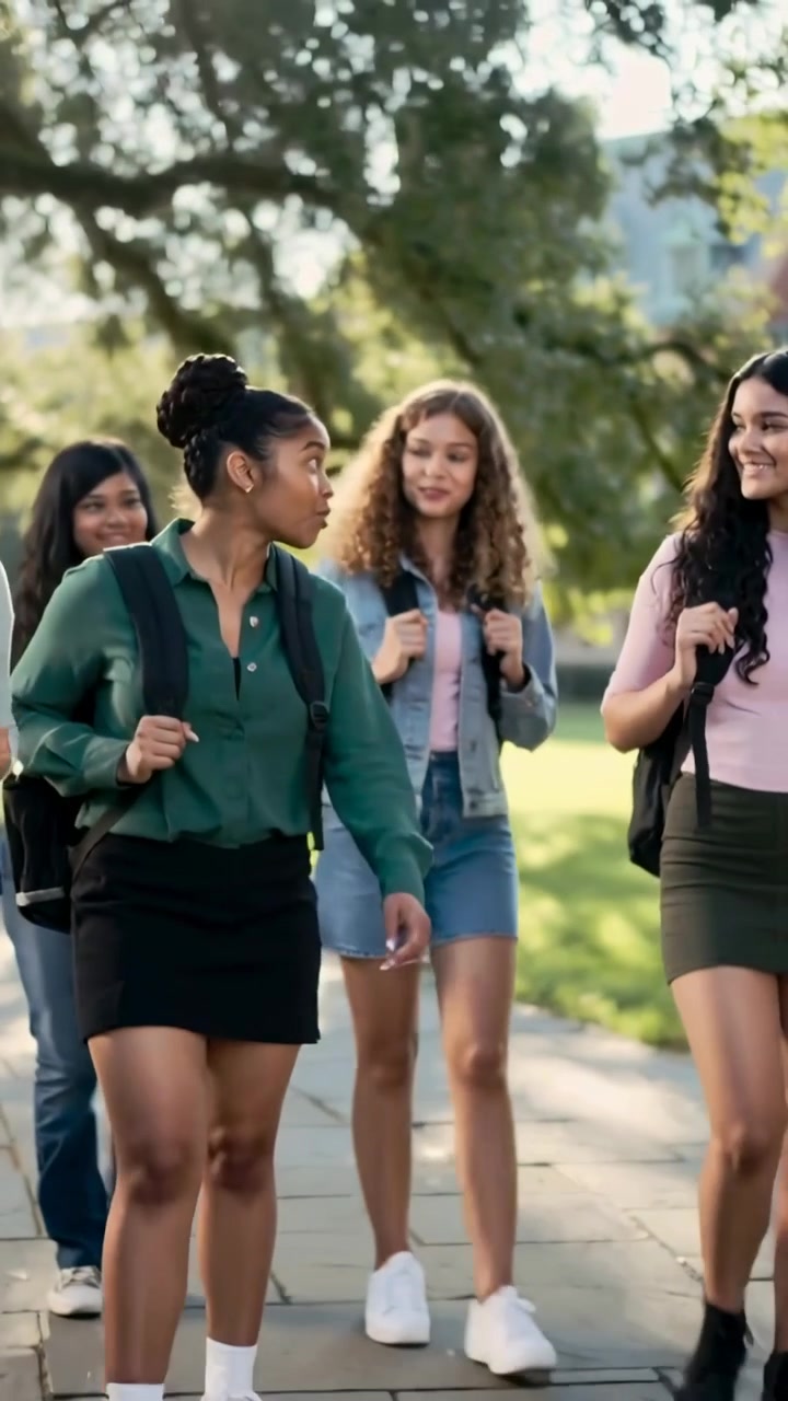 Video verticale: Tre studenti iniziano a camminare, parlare e sistemarsi gli zaini lungo un sentiero del campus, diretti a lezione.