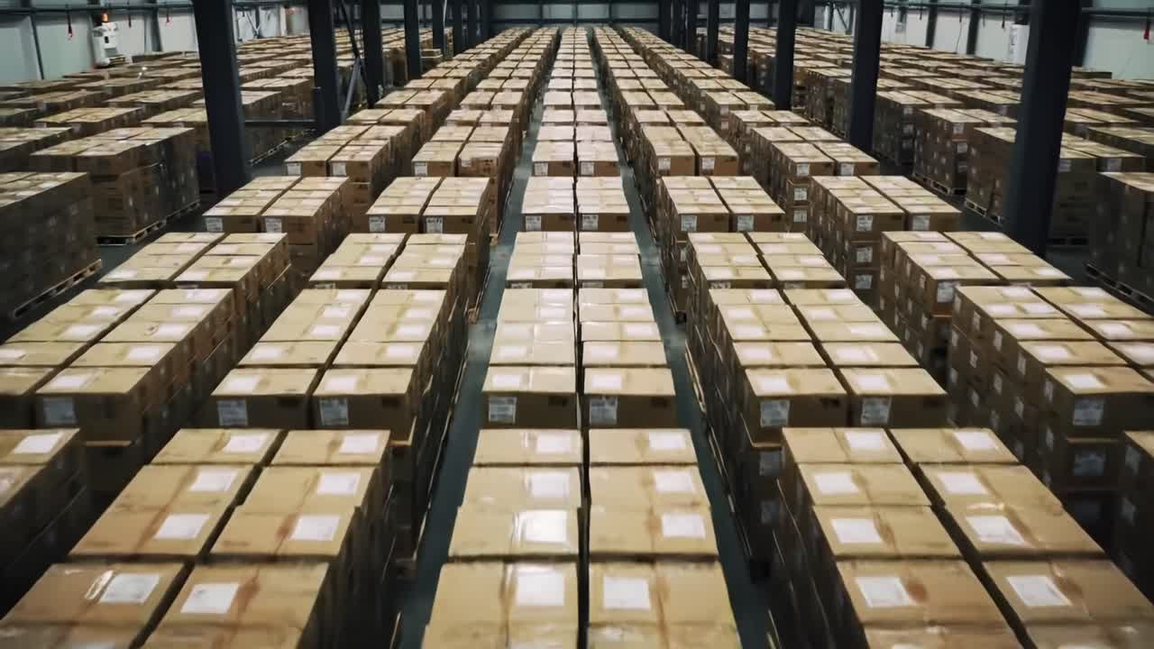 A Comprehensive Overview of a Large Warehouse Filled with Neatly Organized and Stacked Cardboard Boxes, Highlighting Efficient Storage Solutions and Inventory Management