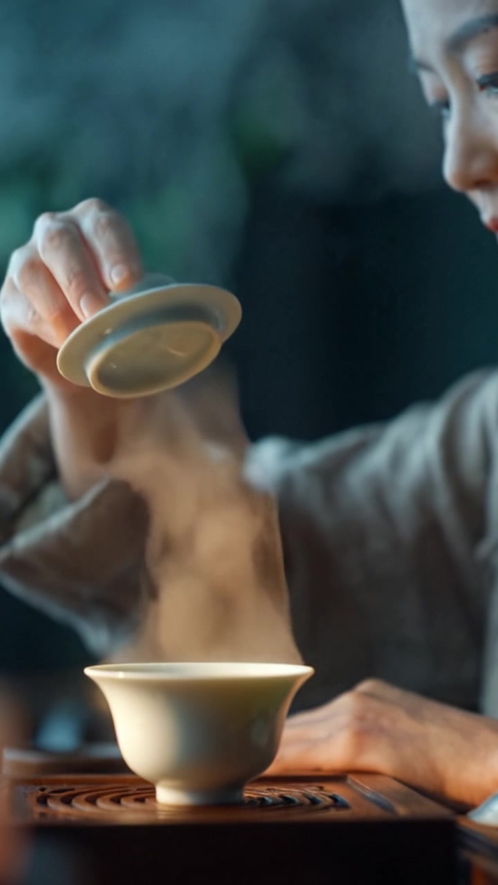 A Serene Tea Ceremony: A Woman Engages in the Art of Brewing as Steam Rises from the Exquisite Teapot, Capturing the Essence of Tranquility and Focus.