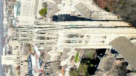 VERTICAL-Branford-college,-Yale-university,-Aerial-view-orbiting-Harkness-Tower