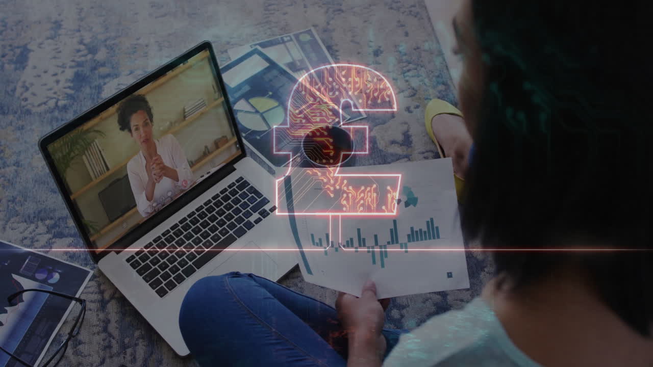 Holding financial chart, person video conferencing on laptop with pound symbol animation