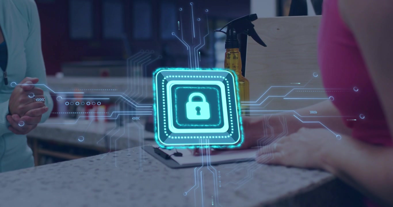 Staff clasping, holo lock rising above desk, shifting to form as customer signing, securing retail