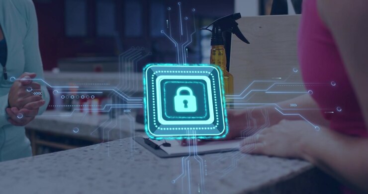 Staff clasping, holo lock rising above desk, shifting to form as customer signing, securing retail