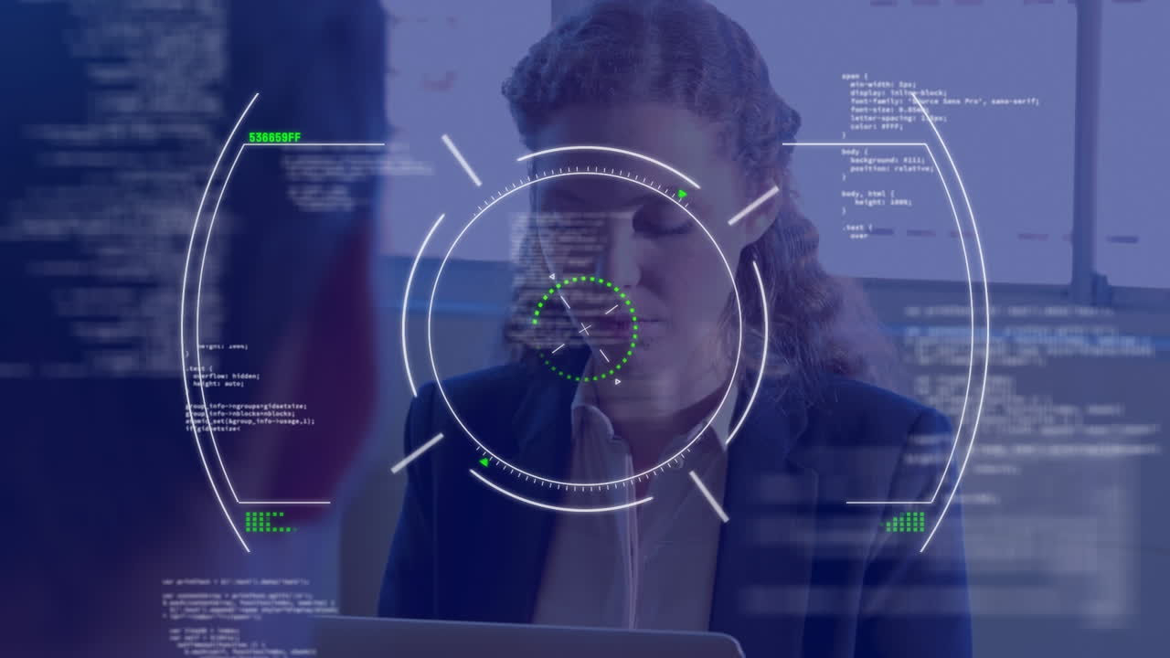 animación del procesamiento de datos financieros sobre una mujer de negocios caucásica