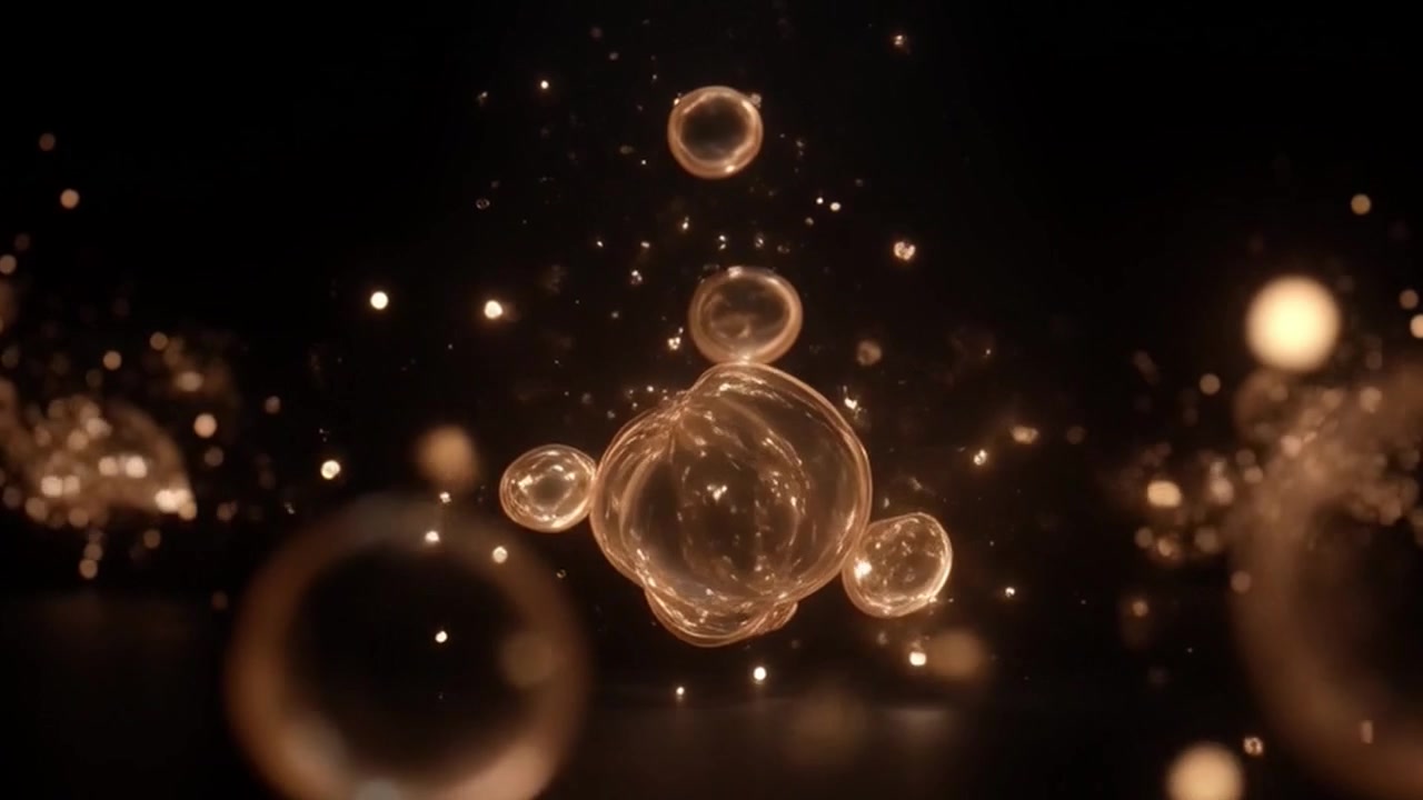 Bulles dorées flottantes et particules lumineuses abstraites sur fond sombre
