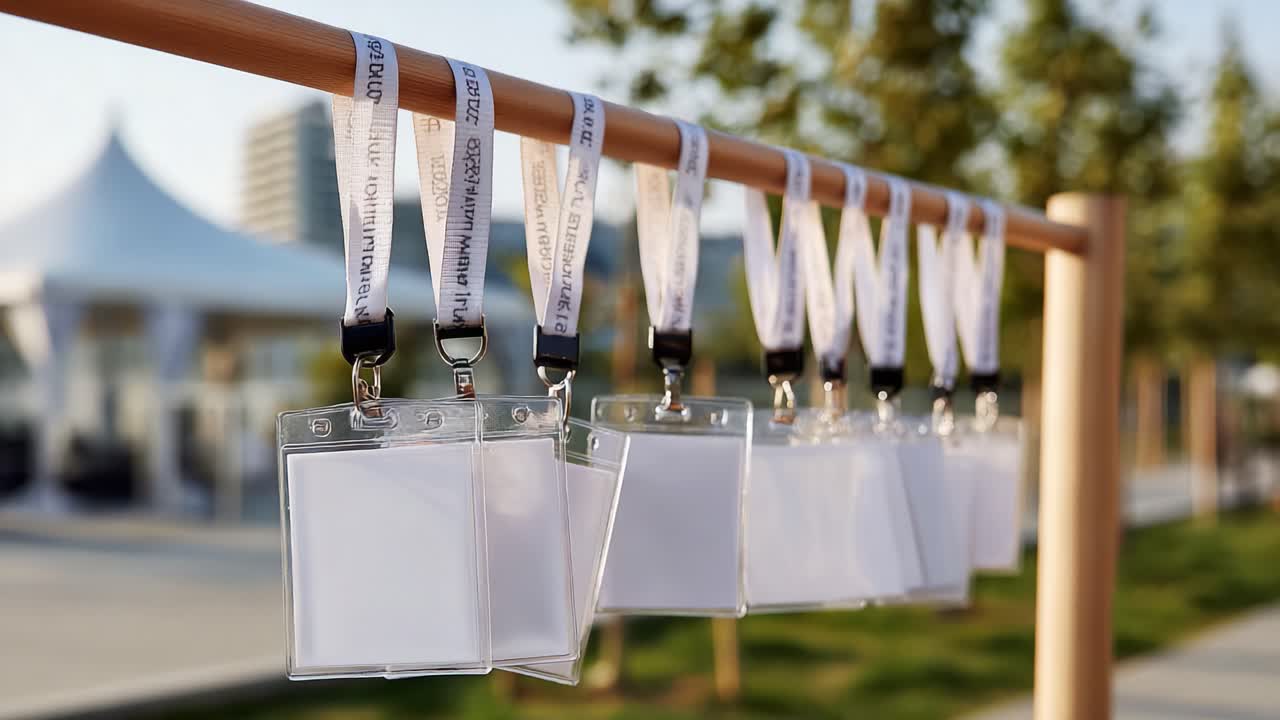 Empty Name Badges Hanging on a Rack, Ready for Event Attendees to Personalize with Information in a Welcoming Outdoor Setting