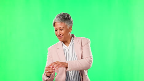 dancing, green screen and senior woman celebrating