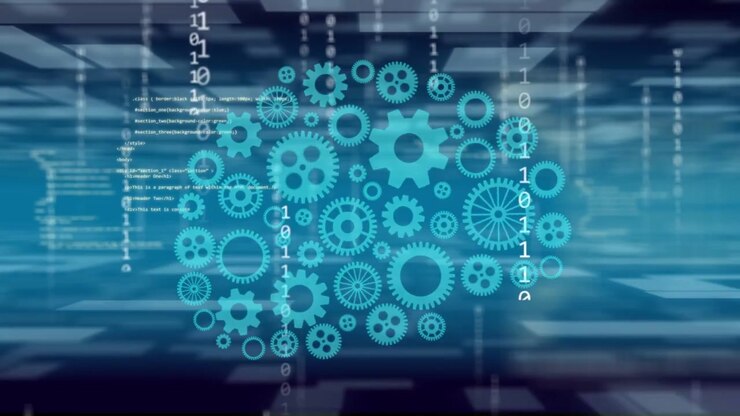 Sliding panels revealing cyan gears, assembling brain shape, binary scrolling, showing data flow