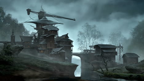 view of high crane towering over a fantasy self-sufficient village. mystical fog evaporated from the surrounding river makes the dramatic climate of fear. matte painting zoom in animation. hd