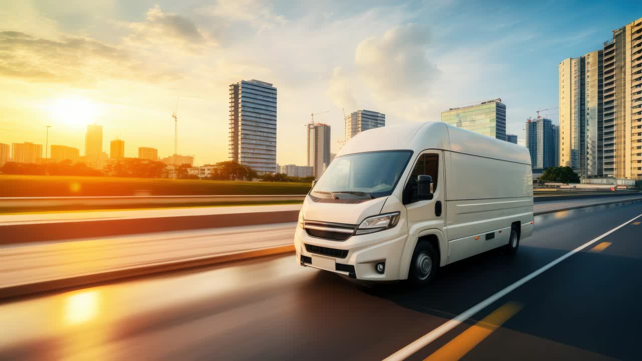 Dynamic video concept of a white van on a highway at sunset. Captured from a low angle