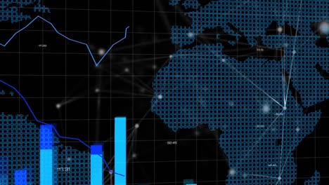 líneas azules de animación y procesamiento de estadísticas sobre el mapa del mundo