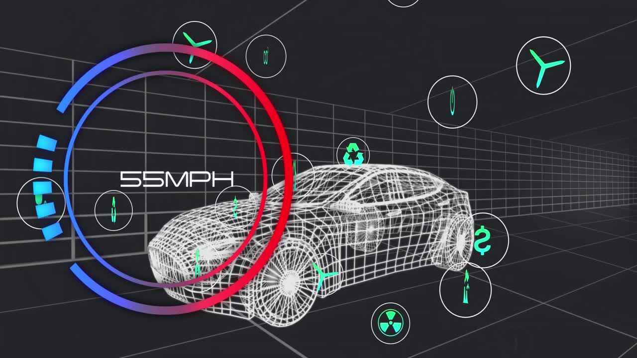 3d 자동차 모델 위의 스피도미터의 애니메이션