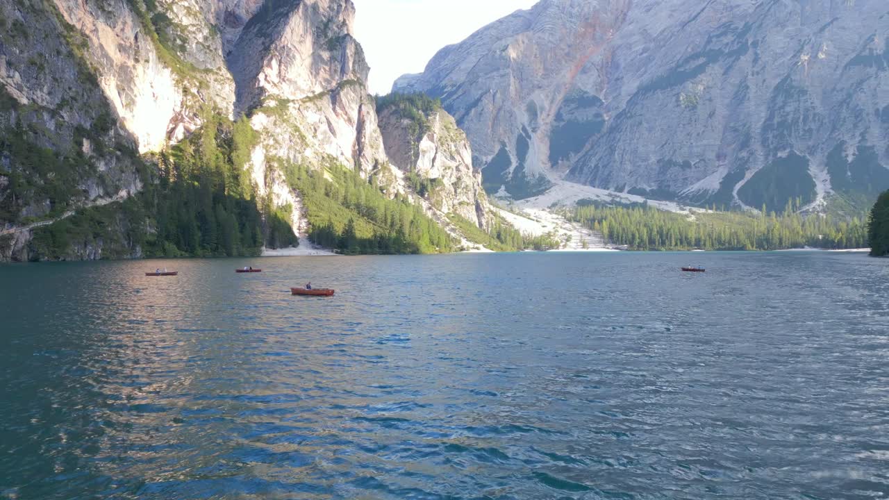 4K Aerial of Lake Braise by the Dolomites in Trentino Alto Adige, Italy. August 2024.