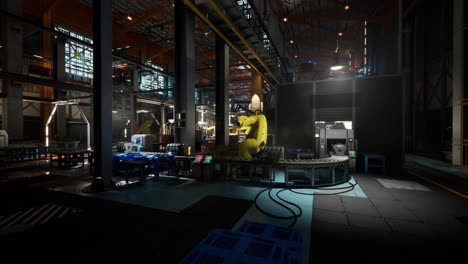 conveyor belt with robotic arms operating in a busy factory at night