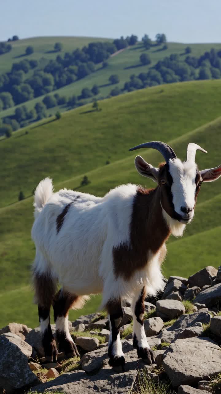 A close-up video shot of a goat standing on rocky terrain, with rolling green hills