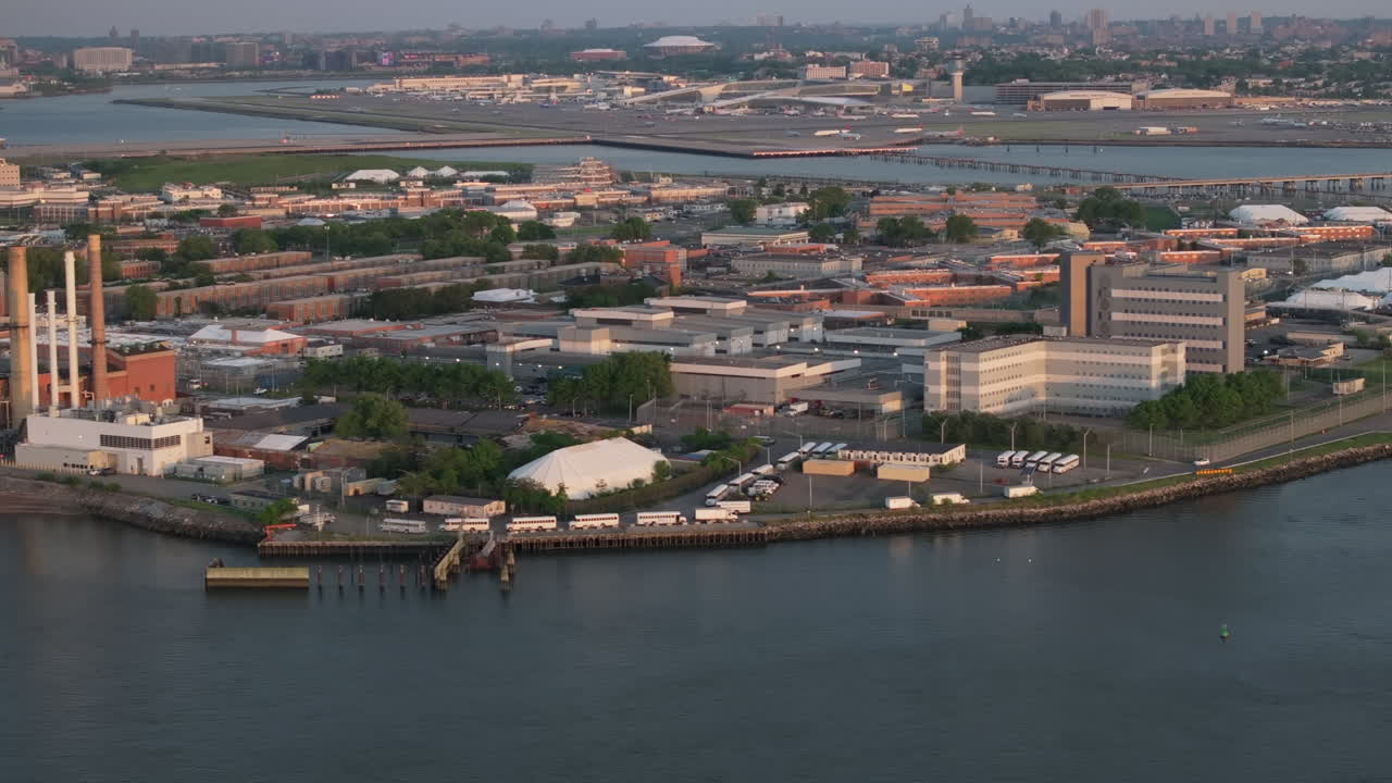 Aerial view of Rikers Island. Shot at sunset during the springtime in New York City.