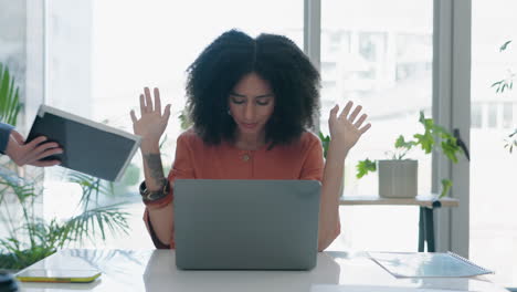 stress, headache and business woman in chaos