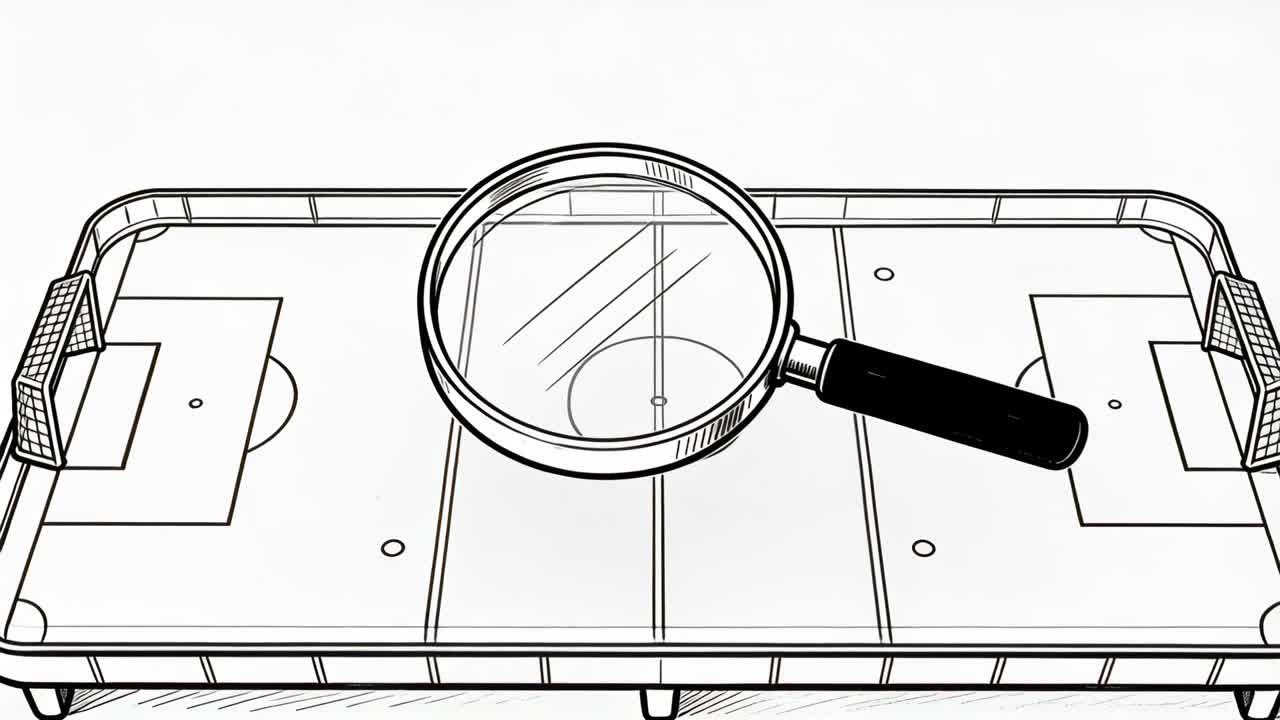 Camera panning over sketched foosball pitch on table, magnifying glass focusing to inspect center