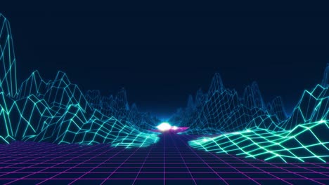 80s retro background loop animation. retrowave horizon landscape with neon lights and low poly terrain