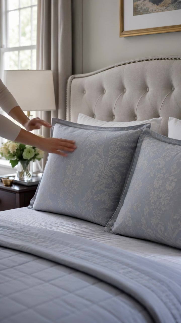 Una vista ravvicinata mostra una mano che sistema il cuscino su una superficie liscia del letto mentre l'ambiente della camera da letto rimane visibile con colori neutri, una testiera imbottita, luce dalla finestra e una composizione interna ordinata
