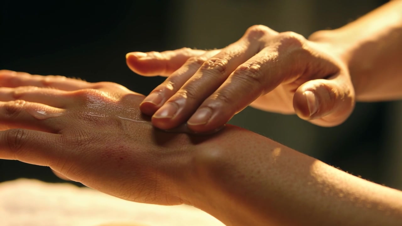 Therapeutenhand verteilt Öl auf der Hand des Klienten auf dem Tisch zur Behandlung, Handtuch