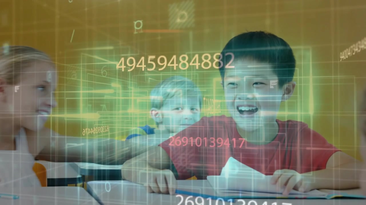 Student whispering to classmate, activating code overlay showing data flow, shaking hands in class