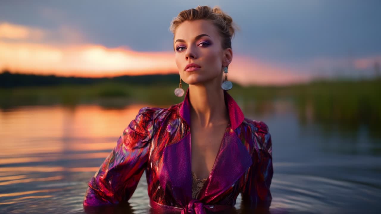Captivating Portrait of a Woman in a Vibrant Jacket Floating Gracefully in a Calm Body of Water Against a Stunning Sunset Backdrop