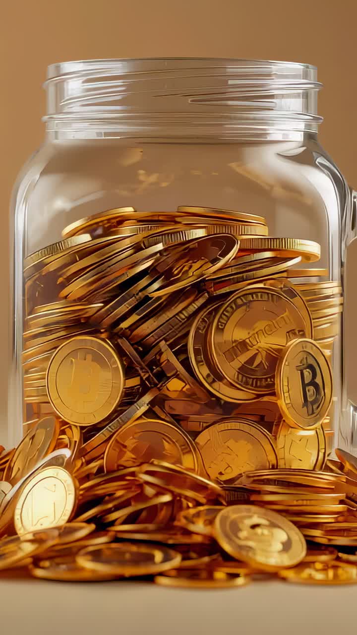 Vertical video: Zooming camera showing jar on beige table, coins settling, showing Bitcoin symbols