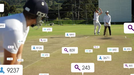 animation of social media icons with growing numbers over diverse male cricket players