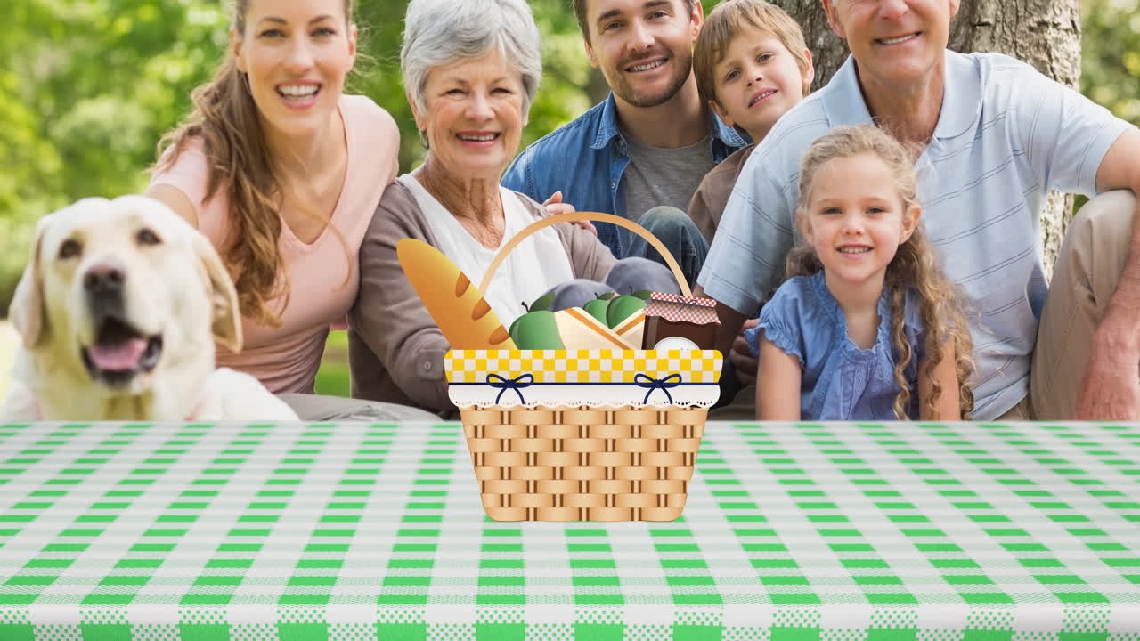 Animation of picnic basket on gingham tablecloth and happy caucasian multi generation family in park