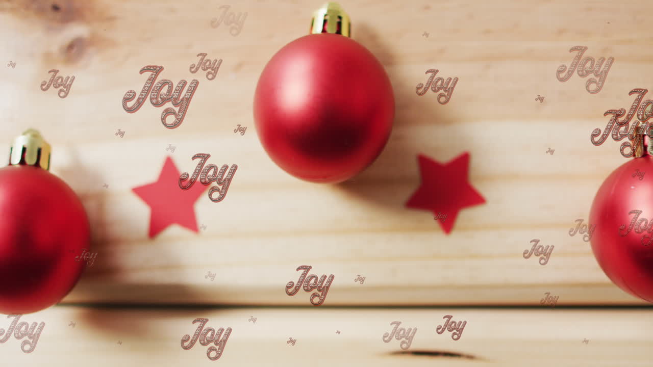 animación de texto de alegría en repetición sobre bolas de navidad