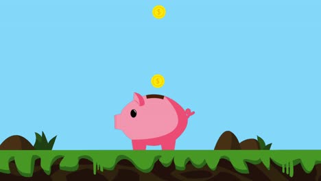 Animation-of-gold-dollar-coins-falling-from-above-into-a-pink-piggy-bank-moving-ears,-nose-and-tail-slightly,-on-a-grass-and-mud-ground,-bright-blue-sky-in-the-background