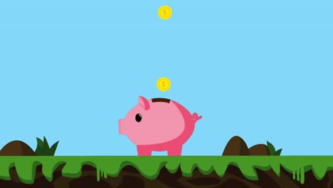 animación de monedas de un dólar de oro cayendo desde arriba en una alcancía rosa moviendo ligeramente las orejas, la nariz y la cola, sobre un suelo de hierba y barro, un cielo azul brillante en el fondo