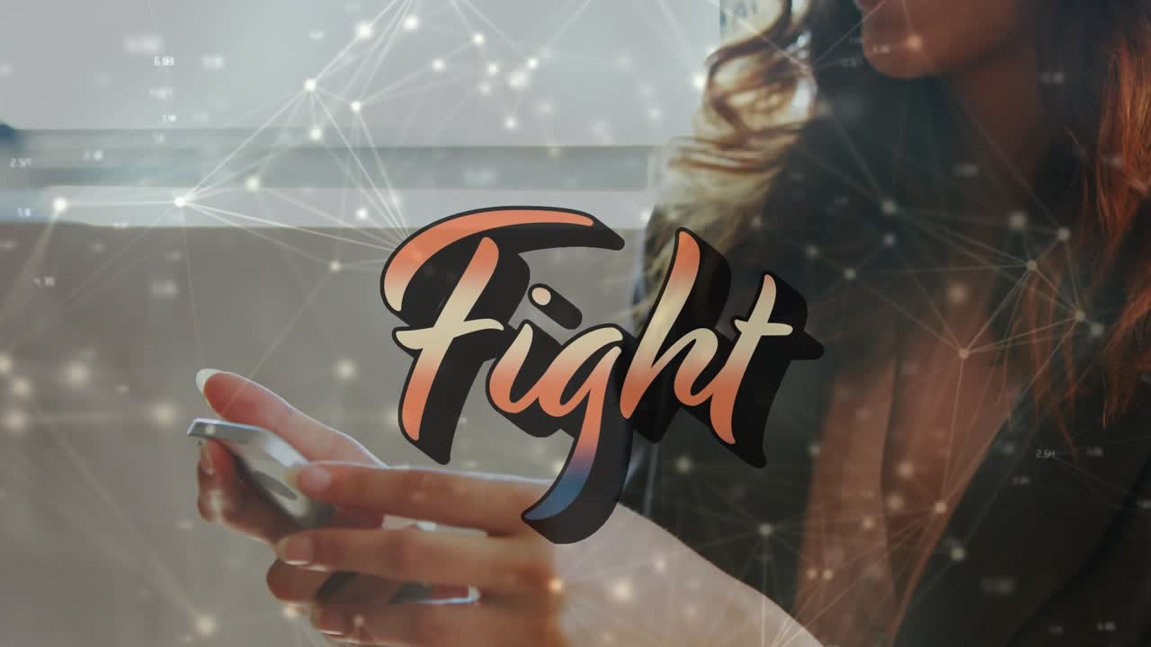 Animation eines Verbindungsnetzwerks und des Textes 'Fight' über Geschäftsfrauen.