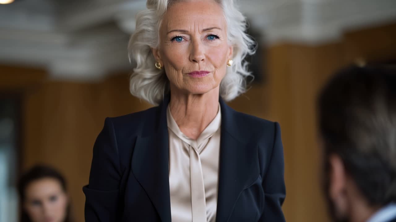 Donna seria con capelli bianchi ascolta attentamente. Indossa un blazer scuro e orecchini di perle. Il suo sguardo è concentrato su qualcuno fuori campo. Lo sfondo mostra colleghi sfocati.