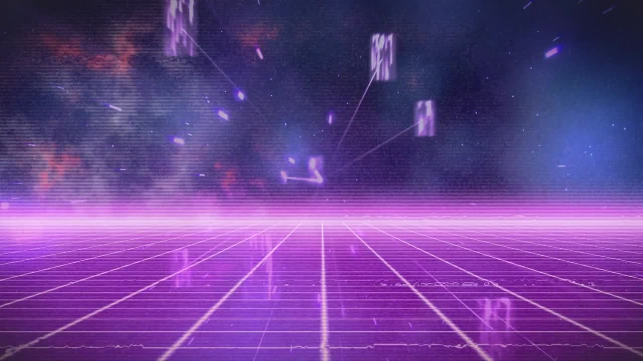 Animation of data processing and light trails on black background ...