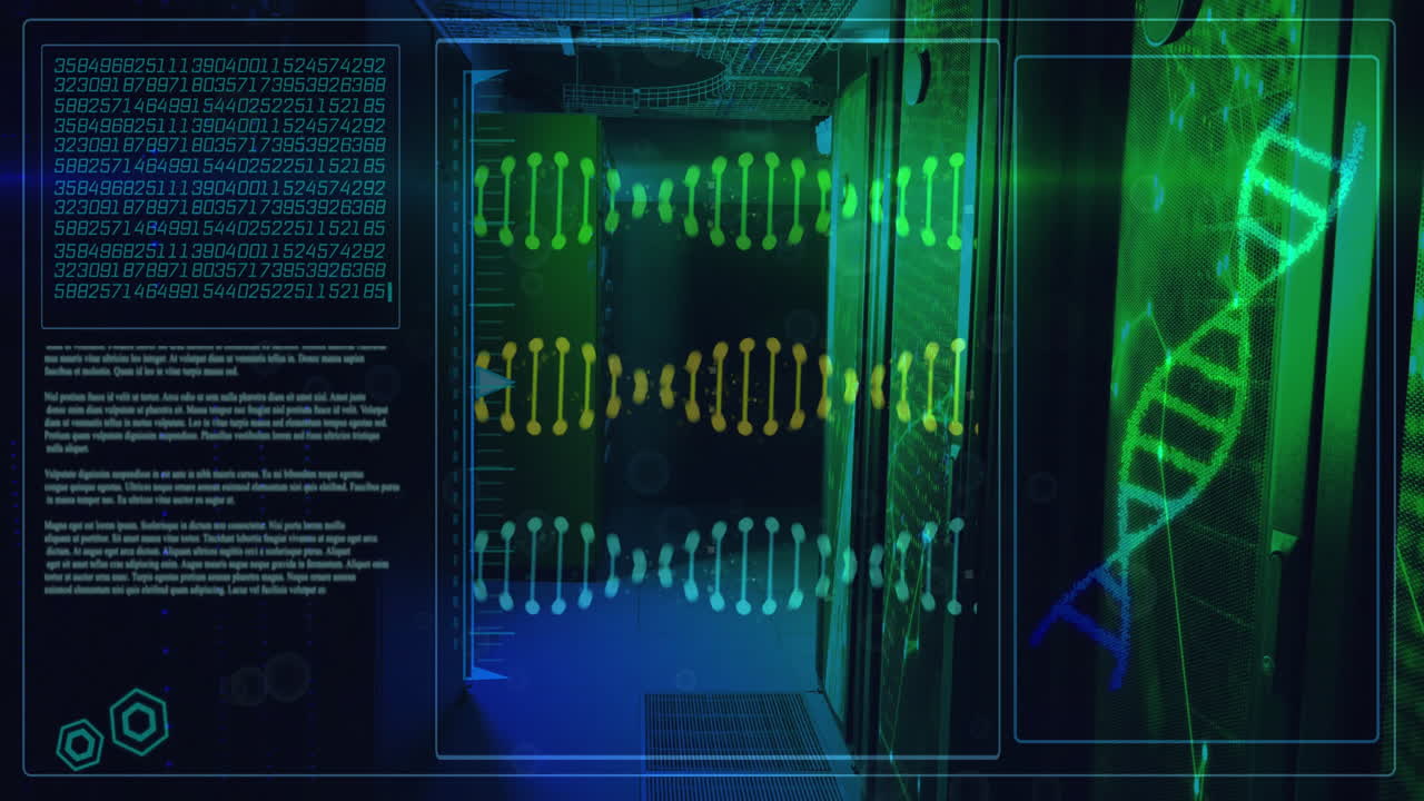 Animation of dna strands and data processing over server room