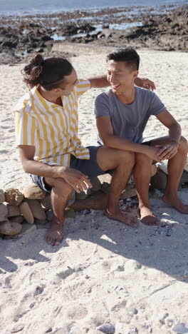 vertical video of diverse male couple sitting on rocks and embracing at beach, slow motion