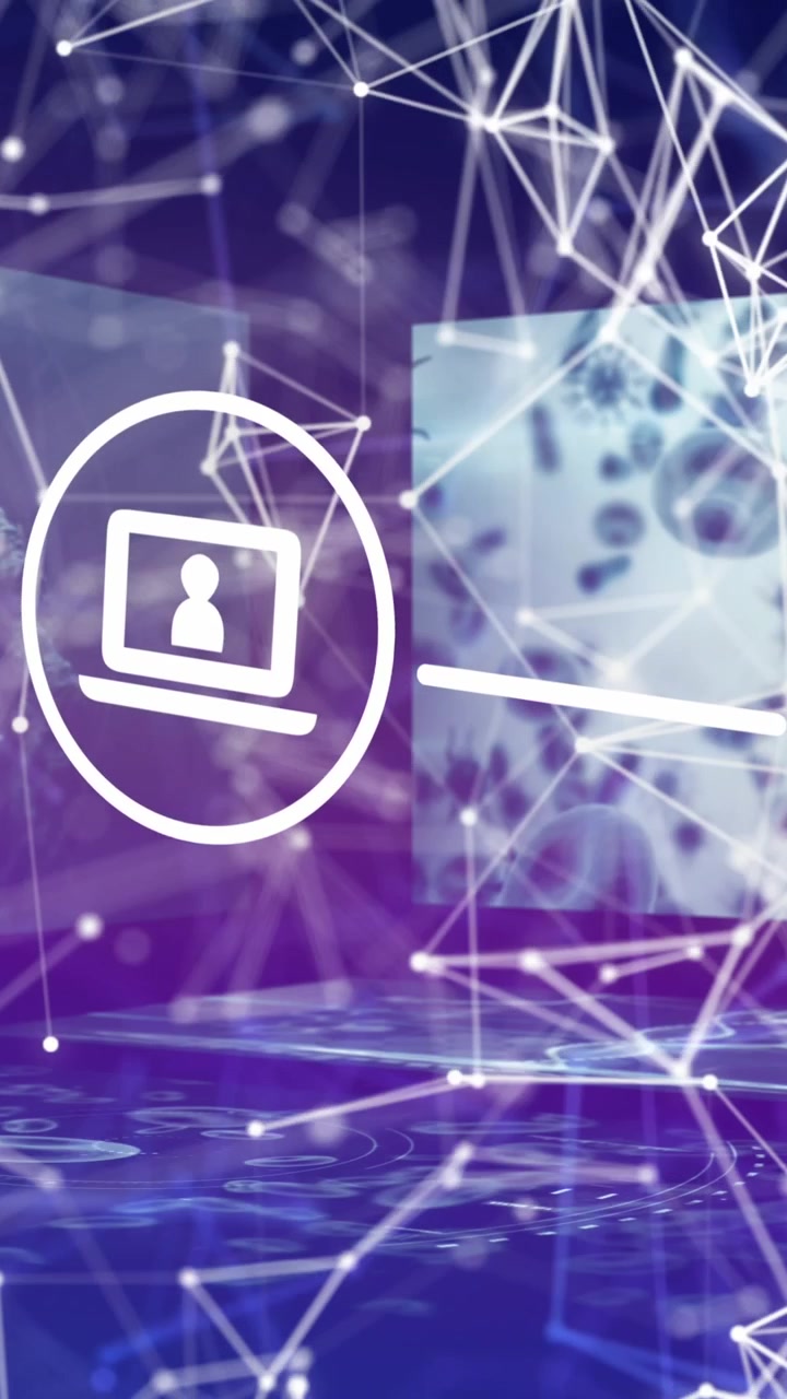 Animation of digital icons over network of connections against screens with data processing