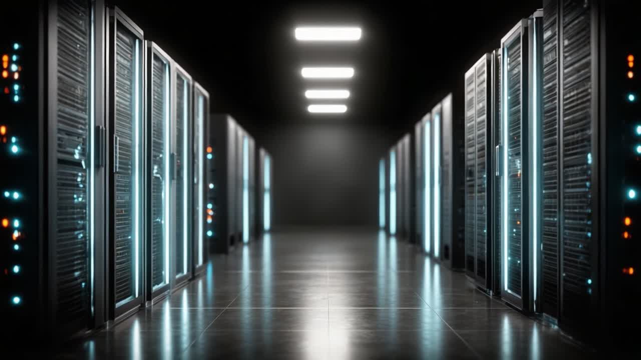 A Glimpse into the Modern Data Center: Rows of Server Racks Illuminated by Cool Lighting, Showcasing Cutting-Edge Technology in a High-Tech Environment
