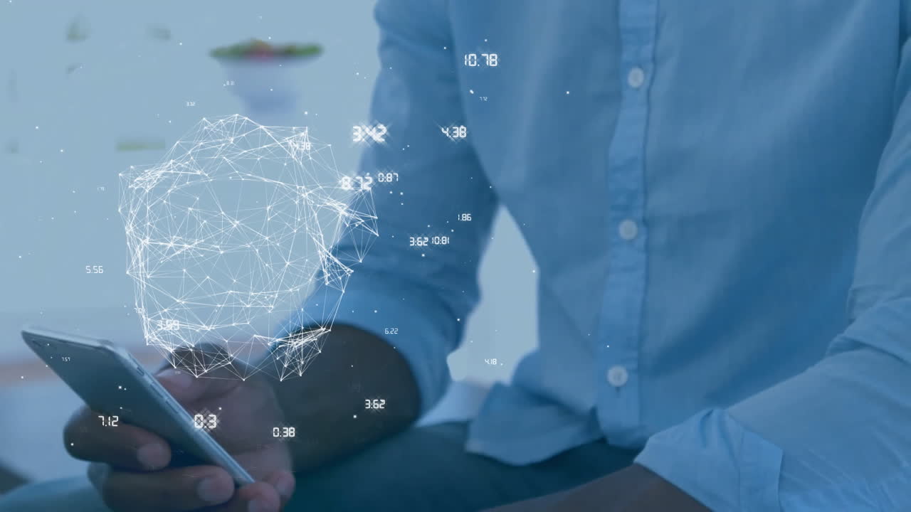 sosteniendo un teléfono inteligente, persona con conexiones de red animación sobre su mano