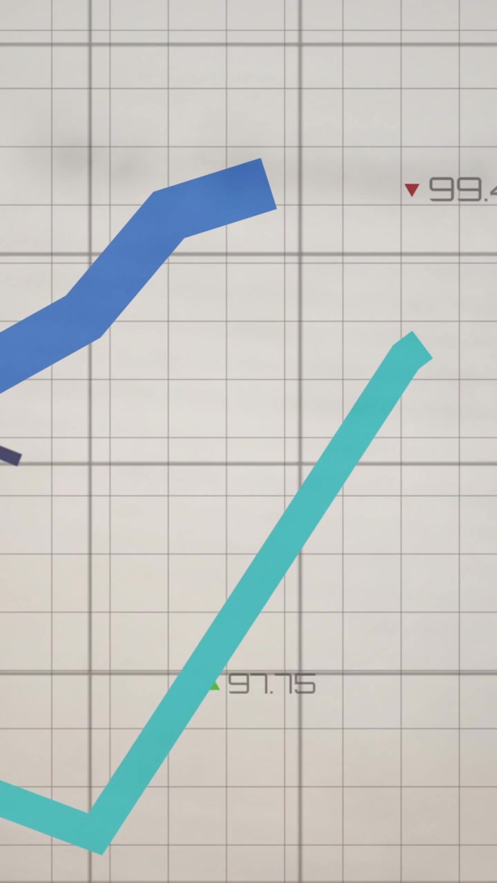 Vertical video: Data filling grid sparking trends rising, crossing with markers for finance insight