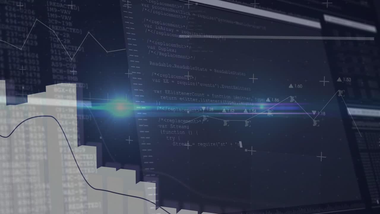 Merging code and data graphs with animation and glowing digital interface effect